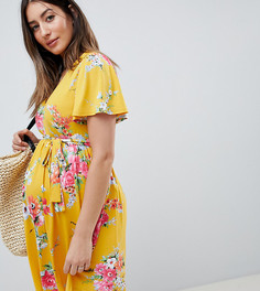 Чайное платье с V-образным вырезом, поясом и цветочным принтом ASOS DESIGN - Мульти