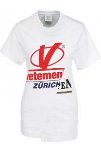Хлопковая футболка асимметричного кроя с логотипом бренда Vetements