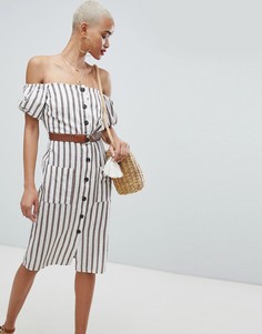 Платье миди в полоску с открытыми плечами River Island - Мульти