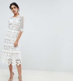 Кружевное премиум-платье миди с оборками на рукавах True Decadence Tall - Белый