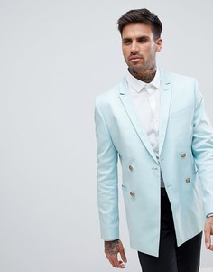 Синий приталенный двубортный блейзер с золотистыми пуговицами ASOS - Синий