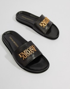 Кожаные сандалии с золотистым логотипом Emporio Armani - Черный