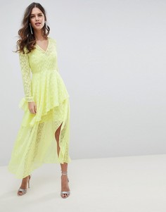 Жаккардовое платье макси с V-образным вырезом и оборками ASOS DESIGN - Желтый
