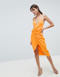Атласное платье миди с бретельками и узлом сбоку ASOS DESIGN - Оранжевый