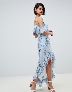 Платье миди с открытыми плечами и цветочным принтом River Island - Синий