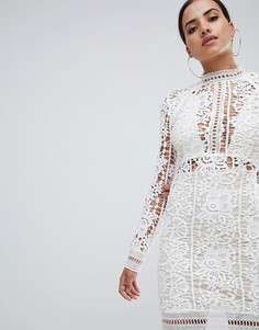 Платье мини с длинными рукавами и вязаным кружевом Missguided - Белый