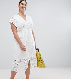 Платье миди на пуговицах с вышивкой ришелье Lost Ink Plus - Белый