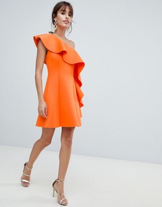 Платье-трапеция мини на одно плечо с оборкой ASOS DESIGN - Оранжевый