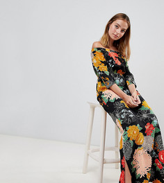 Платье макси с открытыми плечами, разрезом и цветочным принтом Glamorous Petite - Черный