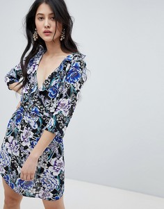 Приталенное платье мини с рюшами и цветочным принтом Oh My Love - Мульти
