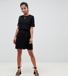 Платье мини с кроп-топом, запахом на юбке и фигурным краем ASOS DESIGN Petite - Черный