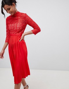 Плиссированное платье миди с кружевным топом и рукавами 3/4 Little Mistress - Красный