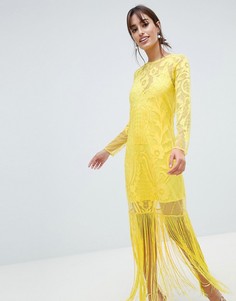 Платье макси с вышивкой и отделкой бахромой ASOS DESIGN - Желтый