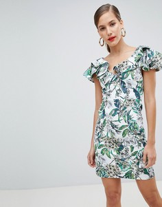 Облегающее платье мини с цветочным принтом и оборками River Island - Кремовый