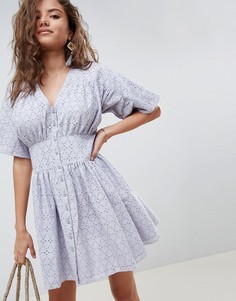 Чайное платье с вышивкой ришелье ASOS DESIGN - Синий