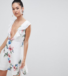 Платье мини с глубоким вырезом и цветочным принтом Boohoo - Белый