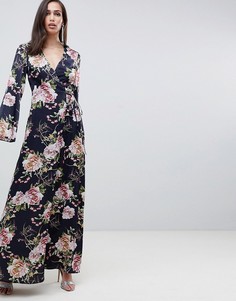 Темно-синее атласное платье макси с запахом и цветочным принтом ASOS DESIGN - Мульти