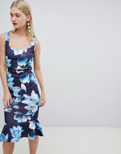 Облегающее платье с цветочным принтом, поясом и квадратным вырезом Lipsy - Темно-синий