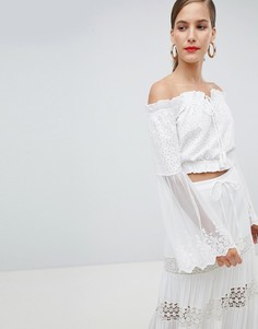 Кроп-топ с открытыми плечами и кружевом на рукавах River Island - Кремовый