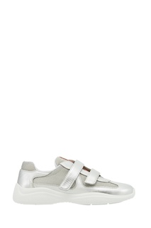 Серебристые кроссовки из кожи и текстиля Prada