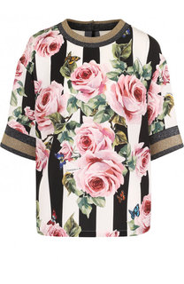 Шелковый топ в полоску с укороченным рукавом и принтом Dolce &amp; Gabbana