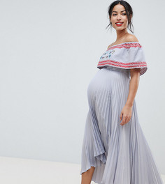 Плиссированное платье миди с вышивкой ASOS DESIGN Maternity - Синий