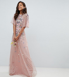 Платье макси из сетчатой ткани добби с цветочной вышивкой и расклешенными рукавами ASOS DESIGN Tall - Розовый