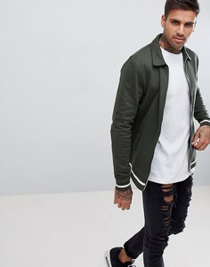 Темно-зеленая трикотажная куртка Харрингтон с отделкой белым кантом ASOS DESIGN - Зеленый