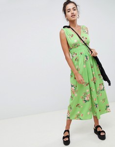 Зеленый комбинезон с присборенной талией и цветочным принтом ASOS DESIGN - Мульти