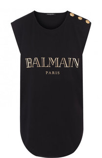 Хлопковый топ с круглым вырезом и логотипом бренда Balmain