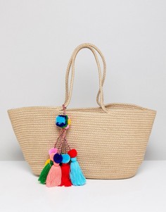 Пляжная сумка-мешок из джута с разноцветными кисточками America &amp; Beyond - Мульти