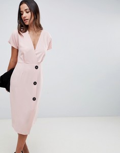 Платье миди с запахом и пуговицами по бокам ASOS DESIGN - Розовый