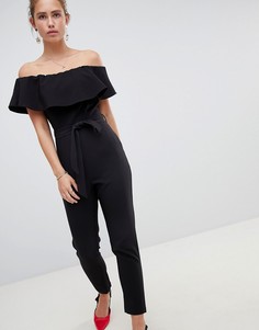 Комбинезон с широким вырезом и поясом Miss Selfridge - Черный