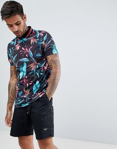 Поло из пике с цветочным принтом и контрастной отделкой на воротнике ASOS DESIGN - Черный
