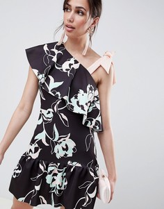Платье мини на одно плечо с оборками и цветочным принтом ASOS DESIGN - Мульти