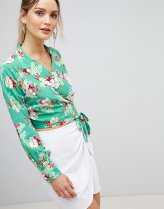 Блузка с запахом и цветочным принтом PrettyLittleThing - Зеленый