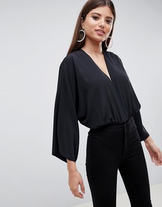 Боди с глубоким вырезом и пышными рукавами ASOS DESIGN - Черный