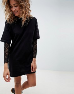 Платье-футболка с кружевными рукавами ASOS DESIGN - Черный