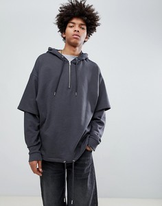 Oversize-худи черного выбеленного цвета с двойными рукавами и нижним краем на шнурке ASOS DESIGN - Черный
