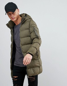 Дутая куртка цвета хаки с капюшоном Pull&amp;Bear - Зеленый Pull&Bear
