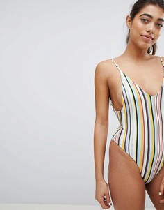 Купальник в полоску с глубоким вырезом сзади Pull&amp;Bear - Розовый Pull&Bear