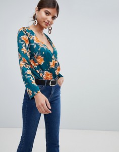 Missguided Floral V Neck Body - Зеленый