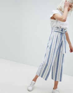 Широкие льняные брюки с присборенным поясом Pull&amp;Bear - Мульти Pull&Bear