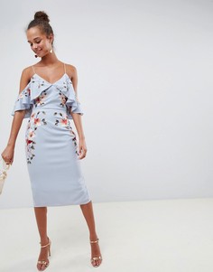 Платье-футляр миди с открытыми плечами и вышивкой ASOS DESIGN - Синий