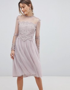 Короткое приталенное платье с длинными рукавами и высоким воротом Little Mistress - Розовый