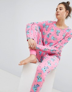 Пижама из топа и штанов с принтом кота Chelsea Peers - Мульти