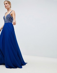 Платье макси с глубоким вырезом и отделкой Jovani - Синий