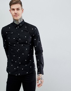 Черная приталенная рубашка с принтом HUGO - Черный