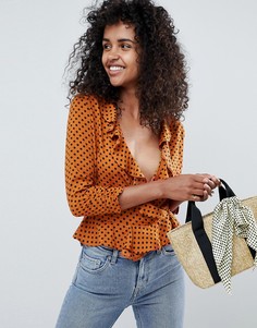 Красно-бурая блузка в горошек с оборками Miss Selfridge - Мульти