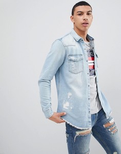 Голубая джинсовая рубашка классического кроя с рваной отделкой Pull&amp;Bear - Синий Pull&Bear